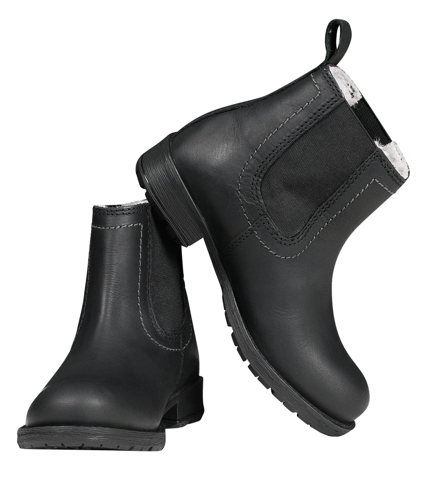 Pair of children's black leather jodhpur boots with elastic side panels and sturdy soles, designed for comfort and durability during riding.